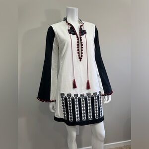 TALITHA Colorblock Tassel Embroidered Cotton Pom Pom Mini Dress M Bell Sleeves